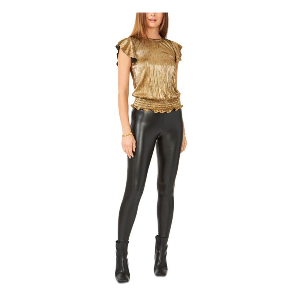 28TH & PARK Womens Ribbed Smocked Hem Flutter Sleeve Jewel Neck Party Top